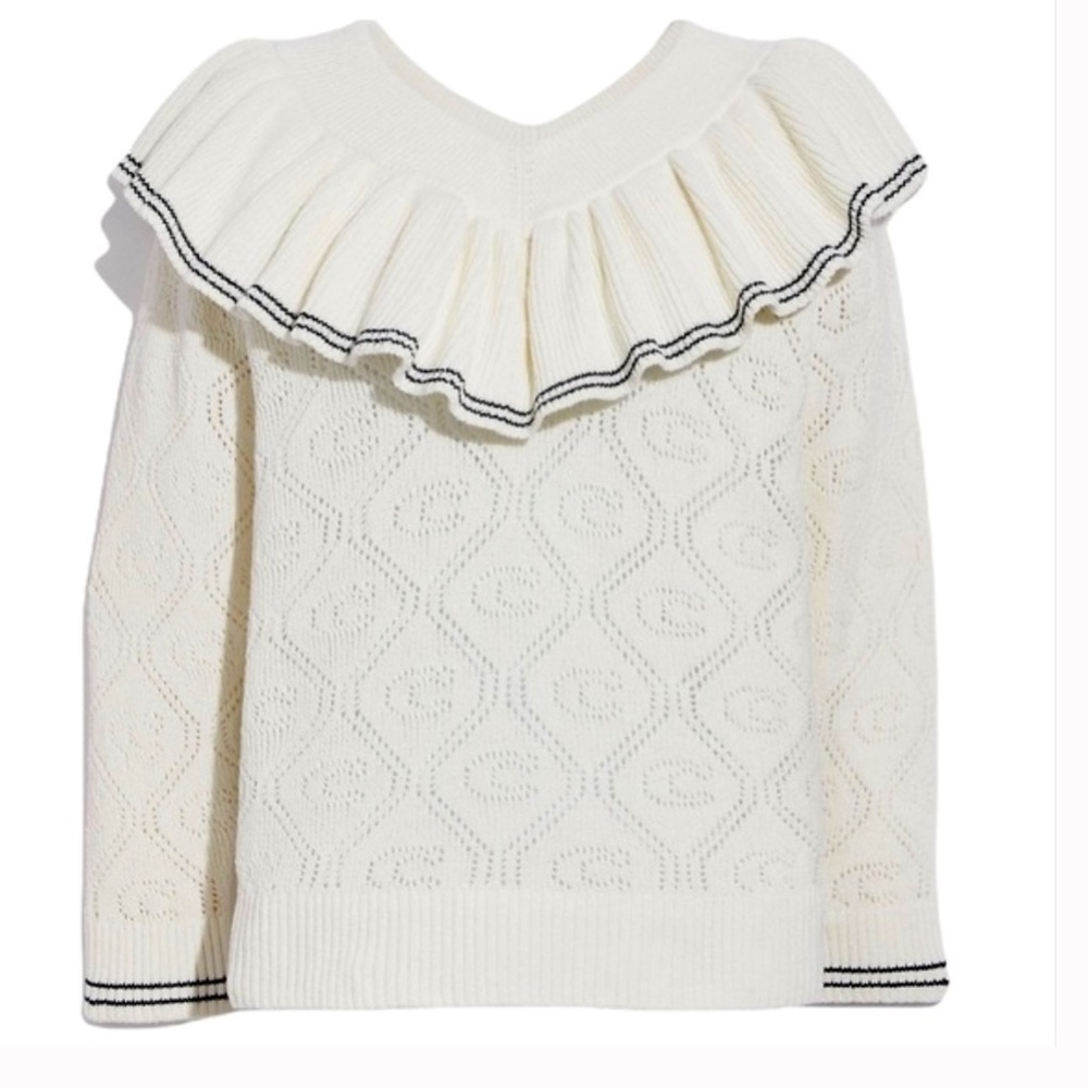 COACH Signature Knit White Raffled Collar Woman Pullover Size US L
